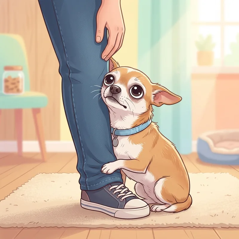 Small Chihuahua pressing against its owner leg showing signs of separation anxiety