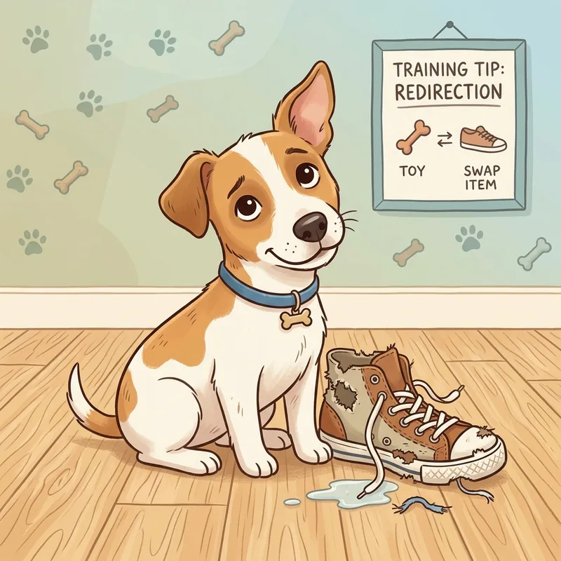 Jack Russell puppy beside a chewed shoe with a training tip poster about redirecting to a toy