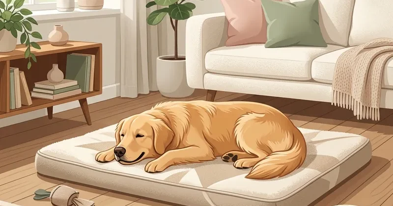 Golden Retriever lying calmly on a training mat in a bright living room