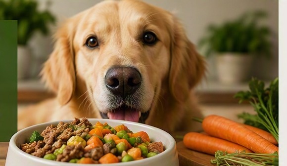 Happy golden retriever with a bowl of homemade dog food on a kitchen table