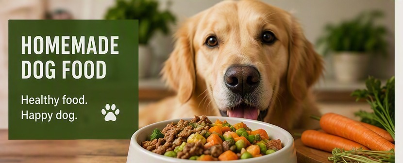 Healthy golden retriever next to a bowl of fresh homemade dog food with vegetables and meat