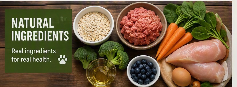 Fresh homemade dog food ingredients: minced meat, chicken, oats, broccoli, carrots, spinach, blueberries, egg and oil