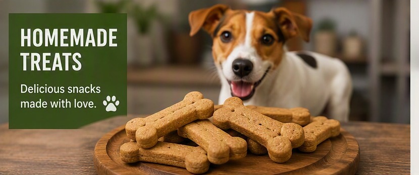 Homemade bone-shaped dog treats on a wooden board with a happy Jack Russell terrier behind them