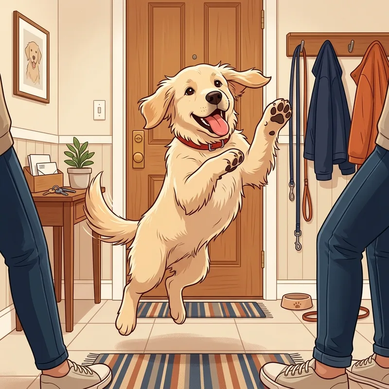 Golden Retriever jumping up to greet people at the front door