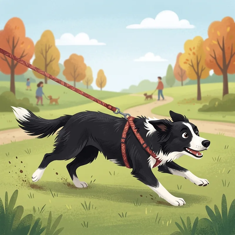 Border Collie pulling hard on the leash during a walk in the park